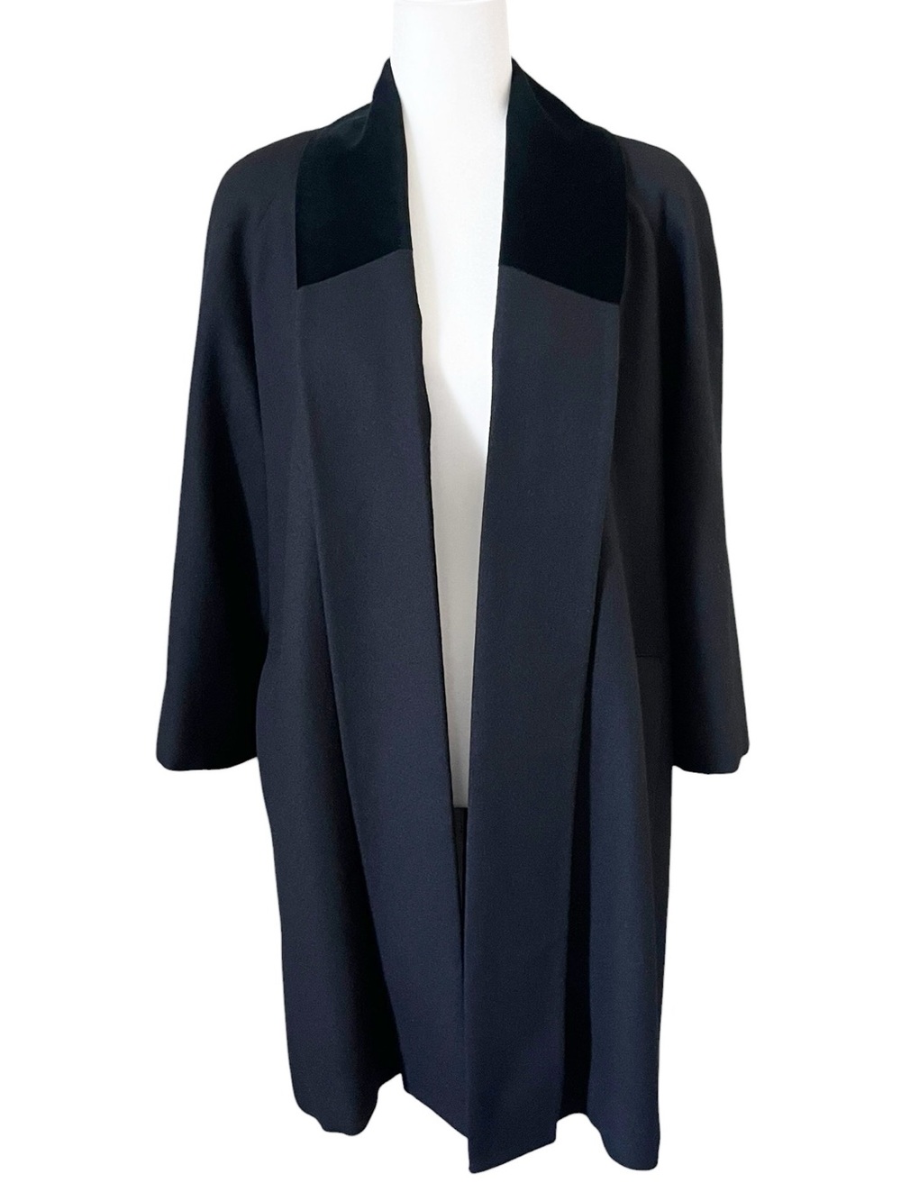 Vintage 90s Kristen Blake Draped Open Front Coat Longline Wool Black Size Small
